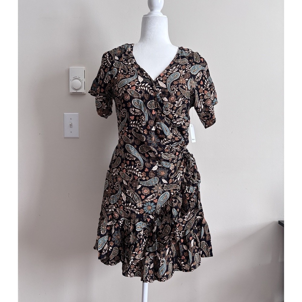 NWT O'Neill Jorgie Dress Medium Paisley Grunge Hippie Black Green Faux Wrap